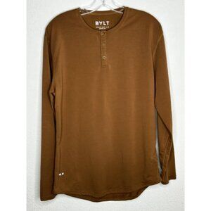 BYLT Drop Cut Henley Shirt Mens Medium Tan Brown Long Sleeve Lux Stretch Casual